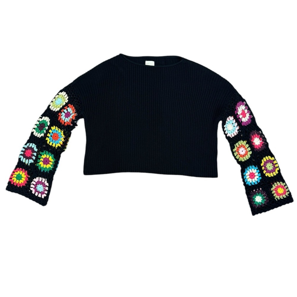Dee Elly Pullover Black Colorful Floral Crochet Boho Crop Sweater Size S Grandma